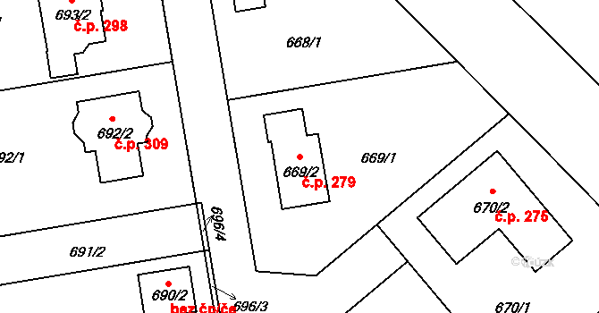 Jenišov 279 na parcele st. 669/2 v KÚ Jenišov, Katastrální mapa