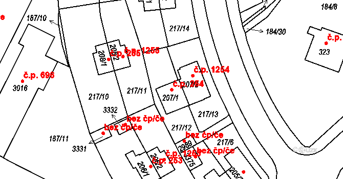 Sezimovo Ústí 254 na parcele st. 207/1 v KÚ Sezimovo Ústí, Katastrální mapa