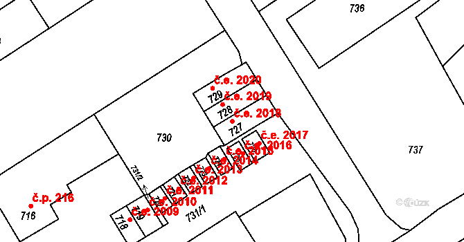 Mariánské Údolí 2018, Hlubočky na parcele st. 727 v KÚ Hlubočky, Katastrální mapa