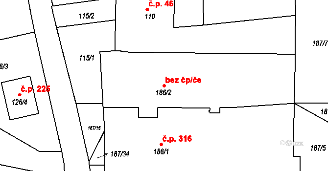 Jenišov 6 na parcele st. 186/2 v KÚ Jenišov, Katastrální mapa