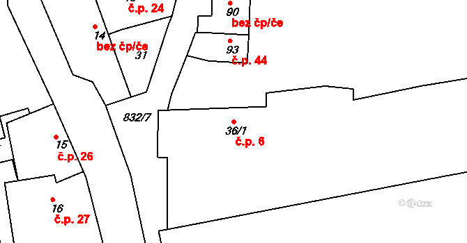 Bor u Chroustovic 6, Rosice na parcele st. 36/1 v KÚ Bor u Chroustovic, Katastrální mapa