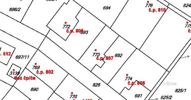 Neratovice 807 na parcele st. 773 v KÚ Neratovice, Katastrální mapa