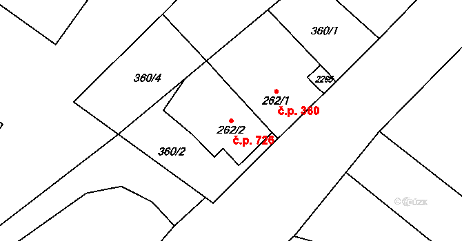 Přelouč 726 na parcele st. 262/2 v KÚ Přelouč, Katastrální mapa