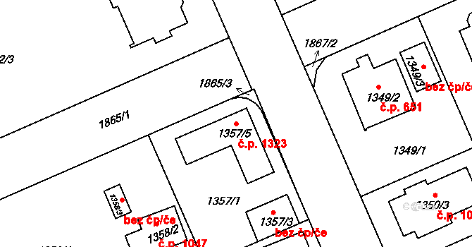 Černice 1323, Plzeň na parcele st. 1357/5 v KÚ Bručná, Katastrální mapa