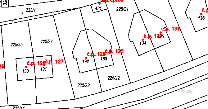 Šlapanov 129 na parcele st. 133 v KÚ Šlapanov, Katastrální mapa