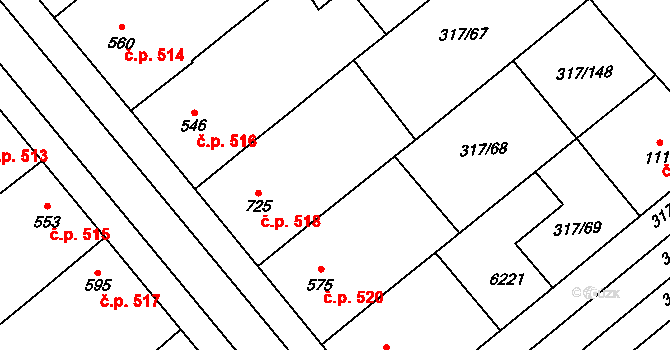 Rakvice 518 na parcele st. 725 v KÚ Rakvice, Katastrální mapa