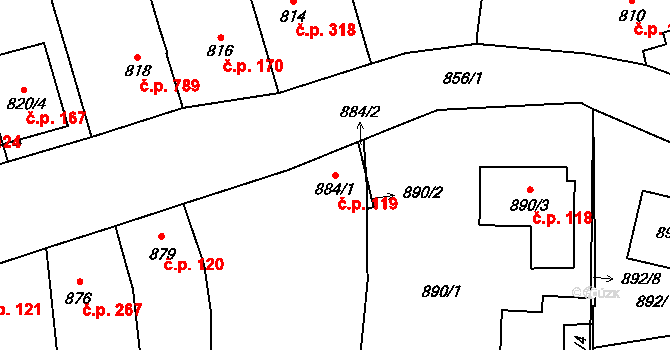 Koryčany 119 na parcele st. 884/1 v KÚ Koryčany, Katastrální mapa