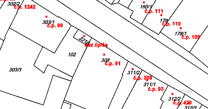 Bystřice pod Hostýnem 91 na parcele st. 308 v KÚ Bystřice pod Hostýnem, Katastrální mapa