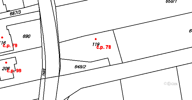 Hrabůvka 78 na parcele st. 119 v KÚ Hrabůvka u Hranic, Katastrální mapa