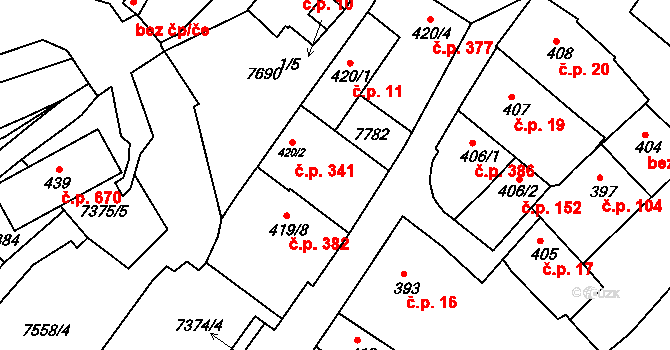 Telč-Podolí 341, Telč na parcele st. 420/2 v KÚ Telč, Katastrální mapa