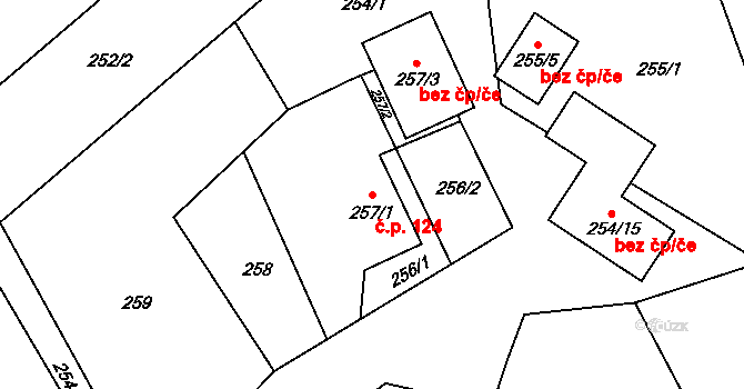 Lyžbice 124, Třinec na parcele st. 257/1 v KÚ Lyžbice, Katastrální mapa