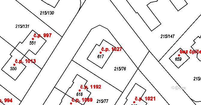 Rudná 1027 na parcele st. 617 v KÚ Hořelice, Katastrální mapa