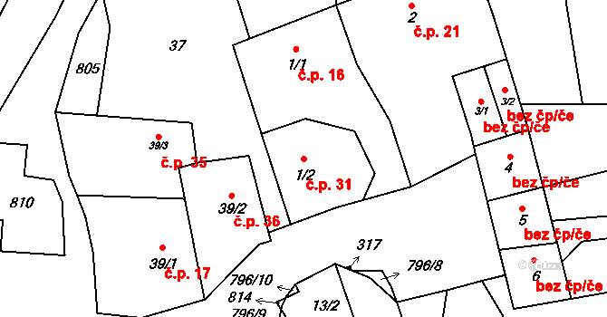 Heroltice 31 na parcele st. 1/2 v KÚ Heroltice u Tišnova, Katastrální mapa