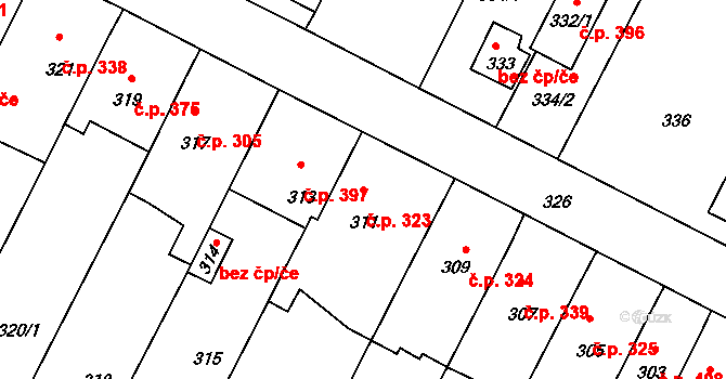 Telnice 323 na parcele st. 311 v KÚ Telnice u Brna, Katastrální mapa