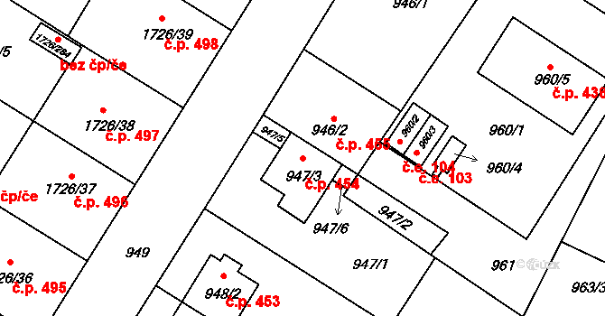 Hrušovany u Brna 454 na parcele st. 947/3 v KÚ Hrušovany u Brna, Katastrální mapa