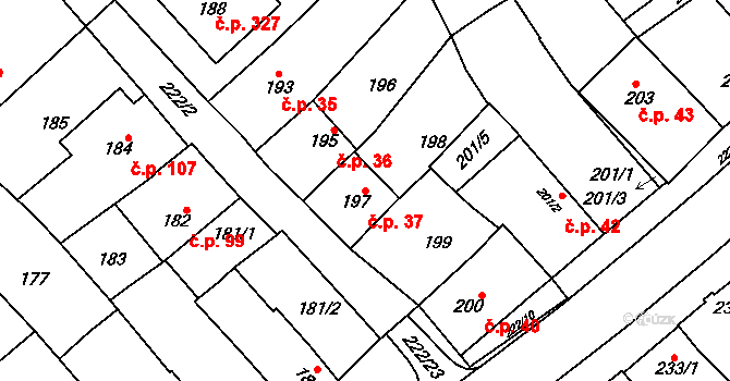 Zarazice 37, Veselí nad Moravou na parcele st. 197 v KÚ Zarazice, Katastrální mapa