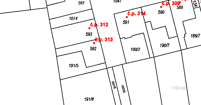 Humny 313, Pchery na parcele st. 592 v KÚ Pchery, Katastrální mapa