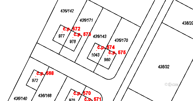 Opatovice nad Labem 574 na parcele st. 1043 v KÚ Opatovice nad Labem, Katastrální mapa