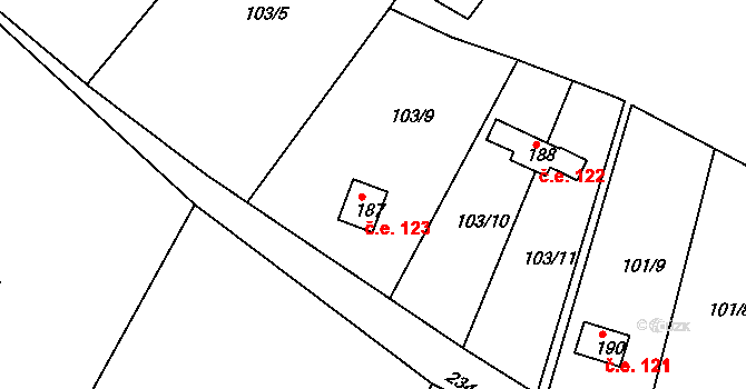 Malá Hraštice 123 na parcele st. 187 v KÚ Malá Hraštice, Katastrální mapa