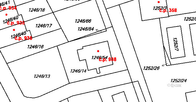 Bechyně 938 na parcele st. 1246/54 v KÚ Bechyně, Katastrální mapa