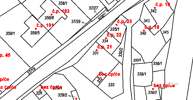 Hudcov 21, Teplice na parcele st. 331 v KÚ Hudcov, Katastrální mapa