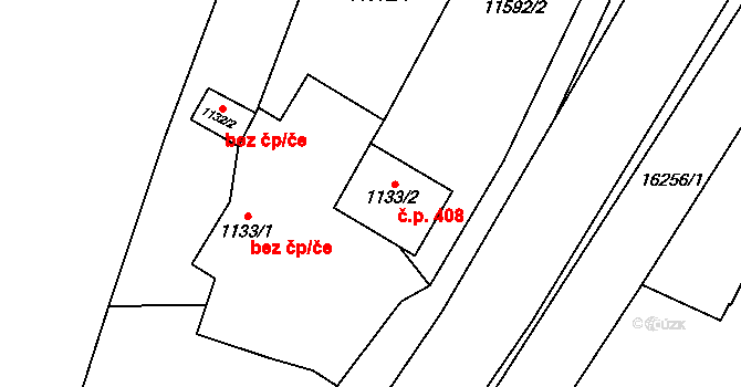 Huslenky 408 na parcele st. 1133/2 v KÚ Huslenky, Katastrální mapa