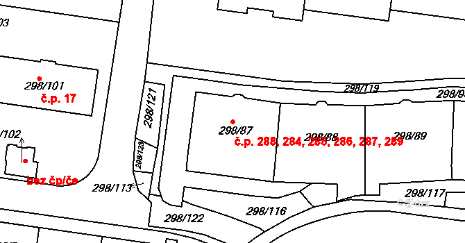 Motol 284,285,286,287,288,, Praha na parcele st. 298/91 v KÚ Motol, Katastrální mapa