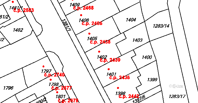 Chomutov 2439 na parcele st. 1402 v KÚ Chomutov II, Katastrální mapa
