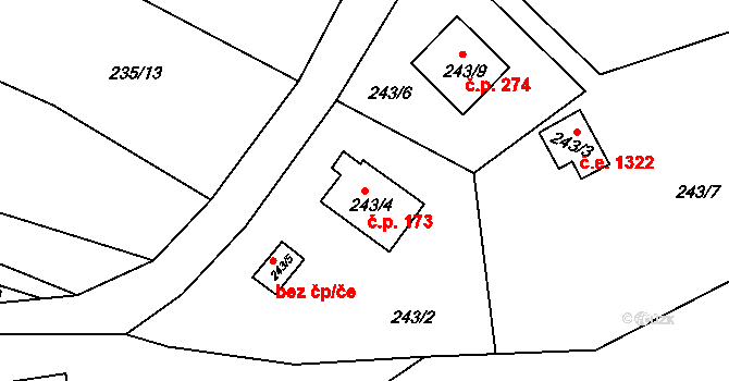 Radobyčice 173, Plzeň na parcele st. 243/4 v KÚ Radobyčice, Katastrální mapa
