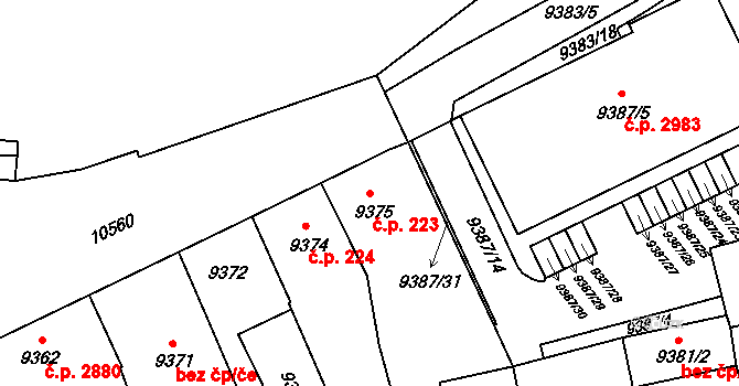 Jižní Předměstí 223, Plzeň na parcele st. 9375 v KÚ Plzeň, Katastrální mapa