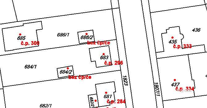Černice 296, Plzeň na parcele st. 683 v KÚ Bručná, Katastrální mapa