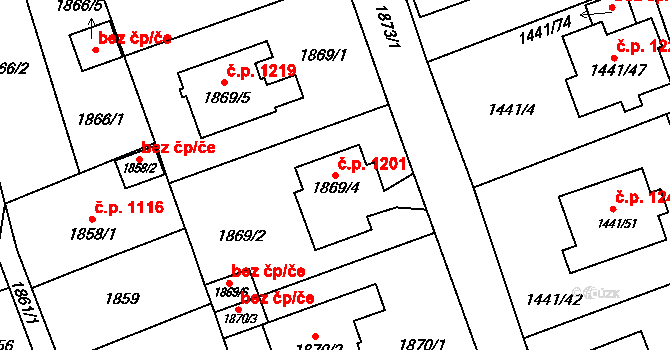 Prostřední Suchá 1201, Havířov na parcele st. 1869/4 v KÚ Prostřední Suchá, Katastrální mapa
