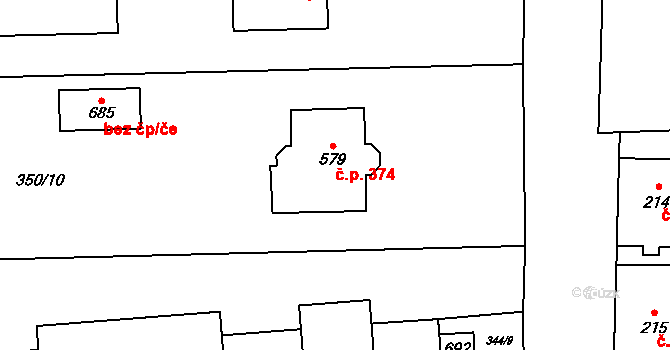 Bohušovice nad Ohří 374 na parcele st. 579 v KÚ Bohušovice nad Ohří, Katastrální mapa