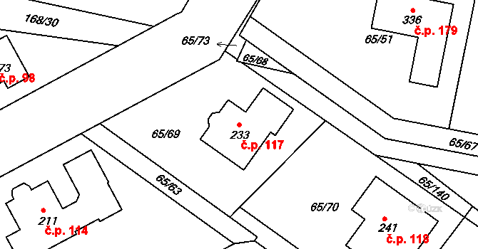 Řepice 117 na parcele st. 233 v KÚ Řepice, Katastrální mapa