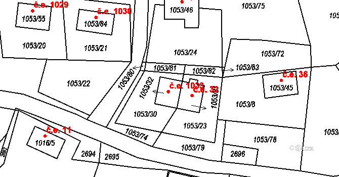 Blatná 33, Frymburk na parcele st. 1053/32 v KÚ Frymburk, Katastrální mapa