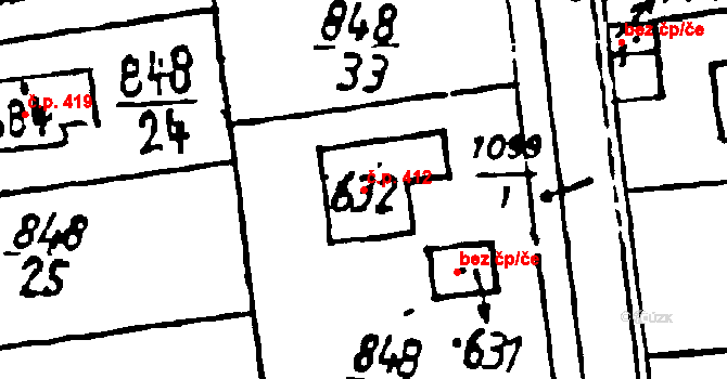 Osek 412 na parcele st. 632 v KÚ Osek u Rokycan, Katastrální mapa
