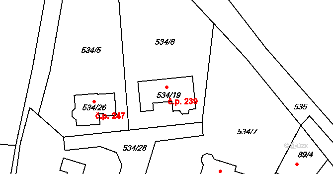 Újezdeček 239 na parcele st. 534/19 v KÚ Újezdeček, Katastrální mapa