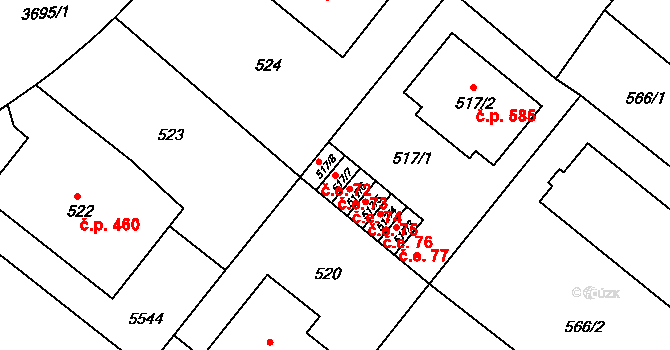 Vyškov-Předměstí 73, Vyškov na parcele st. 517/7 v KÚ Vyškov, Katastrální mapa