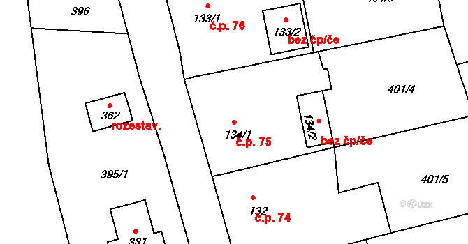 Mokrá Lhota 75, Bystřice na parcele st. 134/1 v KÚ Líšno, Katastrální mapa