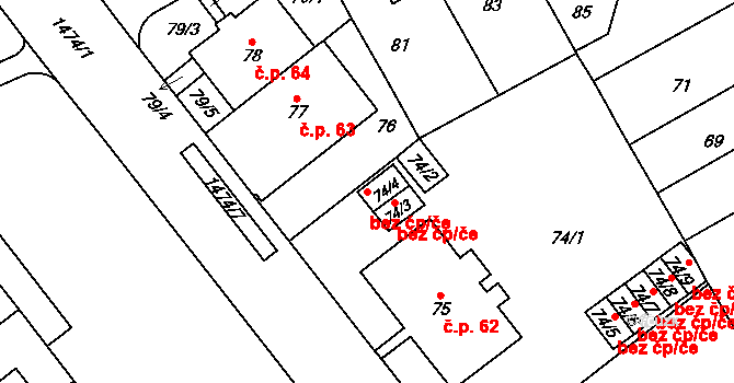 Brno 43617476 na parcele st. 74/4 v KÚ Stránice, Katastrální mapa
