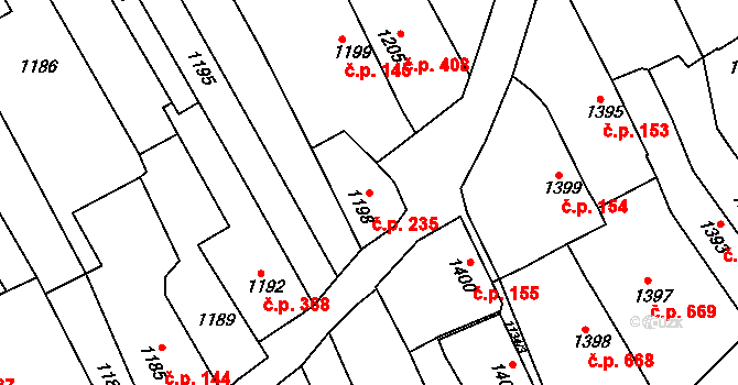 Buchlovice 235 na parcele st. 1198 v KÚ Buchlovice, Katastrální mapa