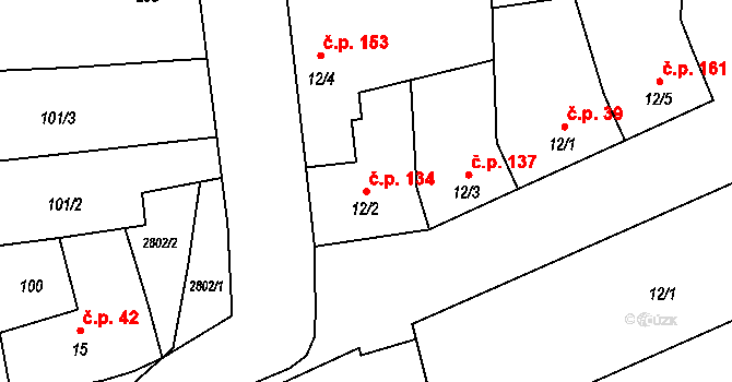 Mouchnice 134 na parcele st. 12/2 v KÚ Mouchnice, Katastrální mapa