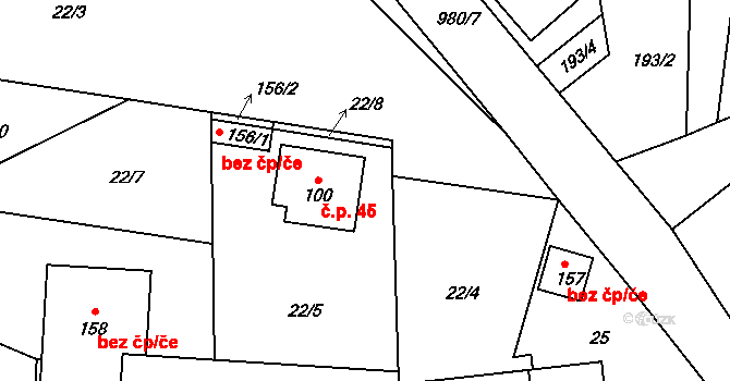 Předboř 45, Choustník na parcele st. 100 v KÚ Předboř u Choustníku, Katastrální mapa