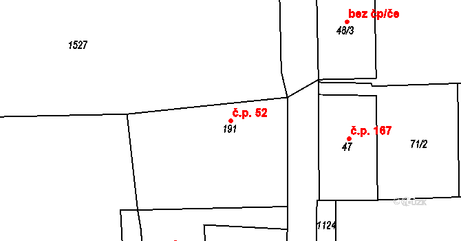 Podmokly 52 na parcele st. 191 v KÚ Podmokly nad Berounkou, Katastrální mapa