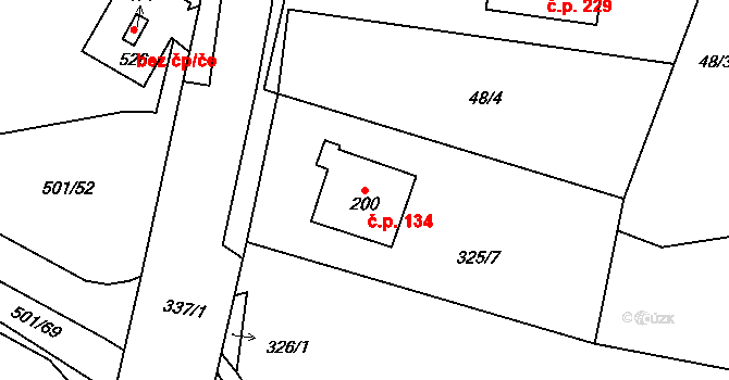 Černá za Bory 134, Pardubice na parcele st. 200 v KÚ Černá za Bory, Katastrální mapa