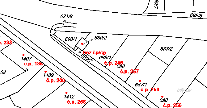 Hrušky 246 na parcele st. 689/1 v KÚ Hrušky, Katastrální mapa