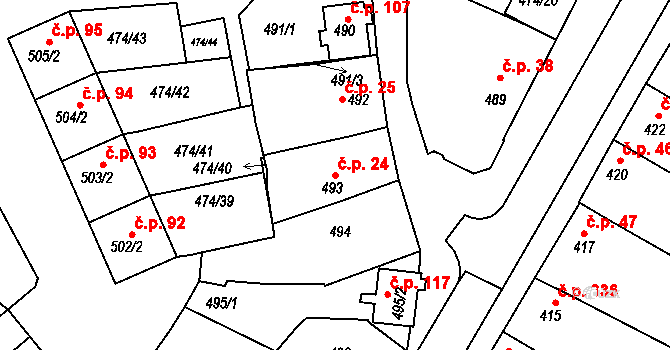 Milokošť 24, Veselí nad Moravou na parcele st. 493 v KÚ Milokošť, Katastrální mapa