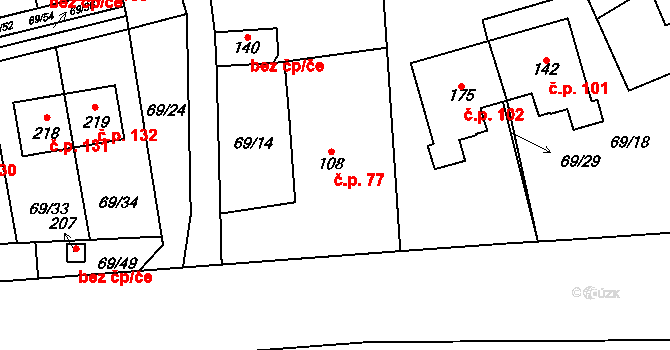 Horní Stakory 77, Kosmonosy na parcele st. 108 v KÚ Horní Stakory, Katastrální mapa