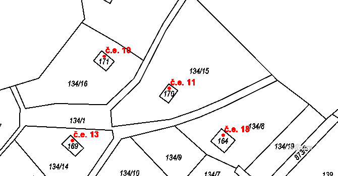 Břevenec 11, Šumvald na parcele st. 170 v KÚ Břevenec, Katastrální mapa