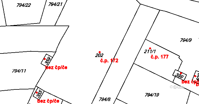 Mlázovice 172 na parcele st. 202 v KÚ Mlázovice, Katastrální mapa